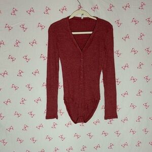 Free People Burgundy V-Neck Bodysuit